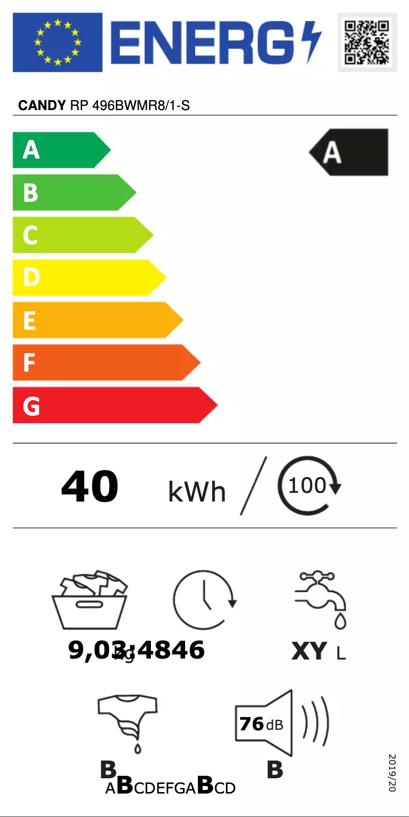 Page n°1 - Label énergétique Candy RP 496BWMR8/1-S