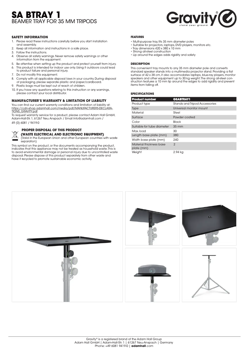 Page 1 de la notice Manuel utilisateur Gravity SA BTRAY 1