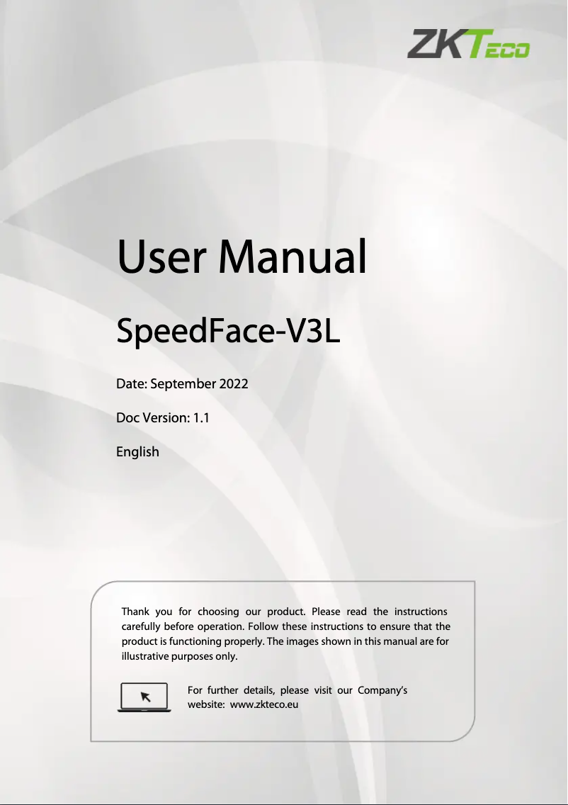 Page 1 de la notice Manuel utilisateur ZKTeco SpeedFace-V3L