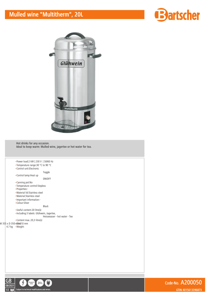 Page 1 de la notice Fiche technique Bartscher A200050