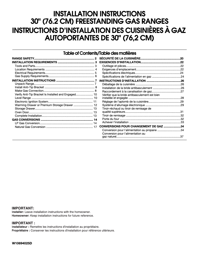 Page n°1 - Guide d'installation Maytag MGR8800FZ
