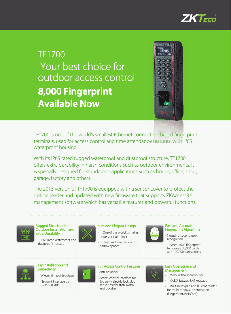 Page 1 de la notice Fiche technique ZKTeco TF1700