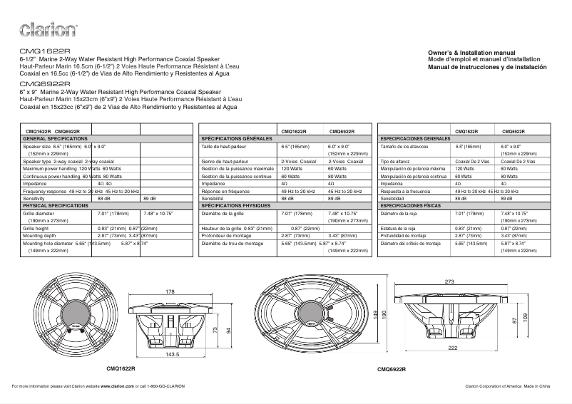 Page 1 de la notice Manuel utilisateur Clarion CMQ6922R
