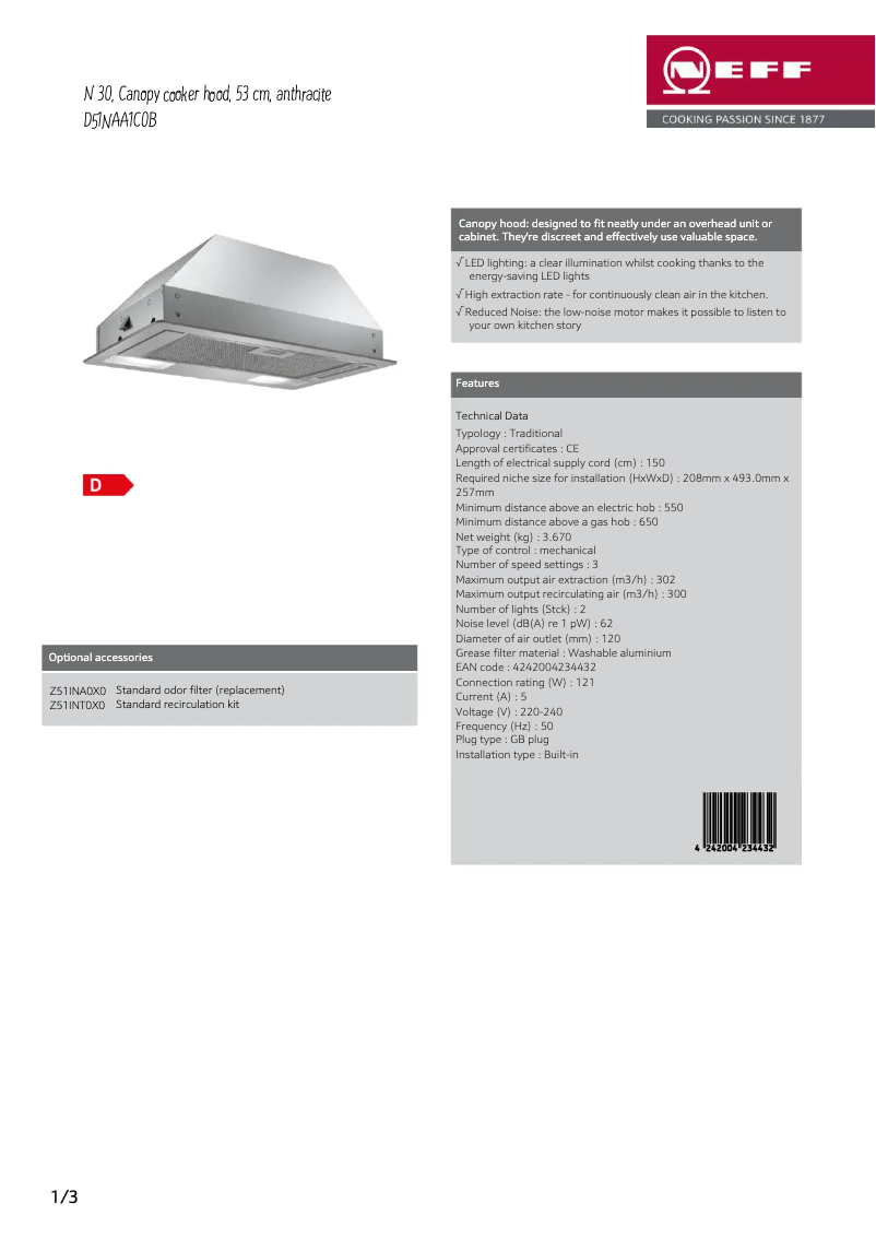Page 1 de la notice Fiche technique Neff D51NAA1C0B