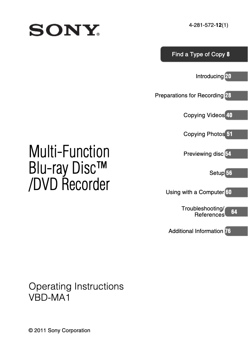 Page 1 de la notice Manuel utilisateur Sony VBD-MA1
