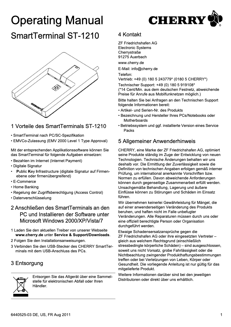 Page 1 de la notice Manuel utilisateur Cherry SmartTerminal ST-1210