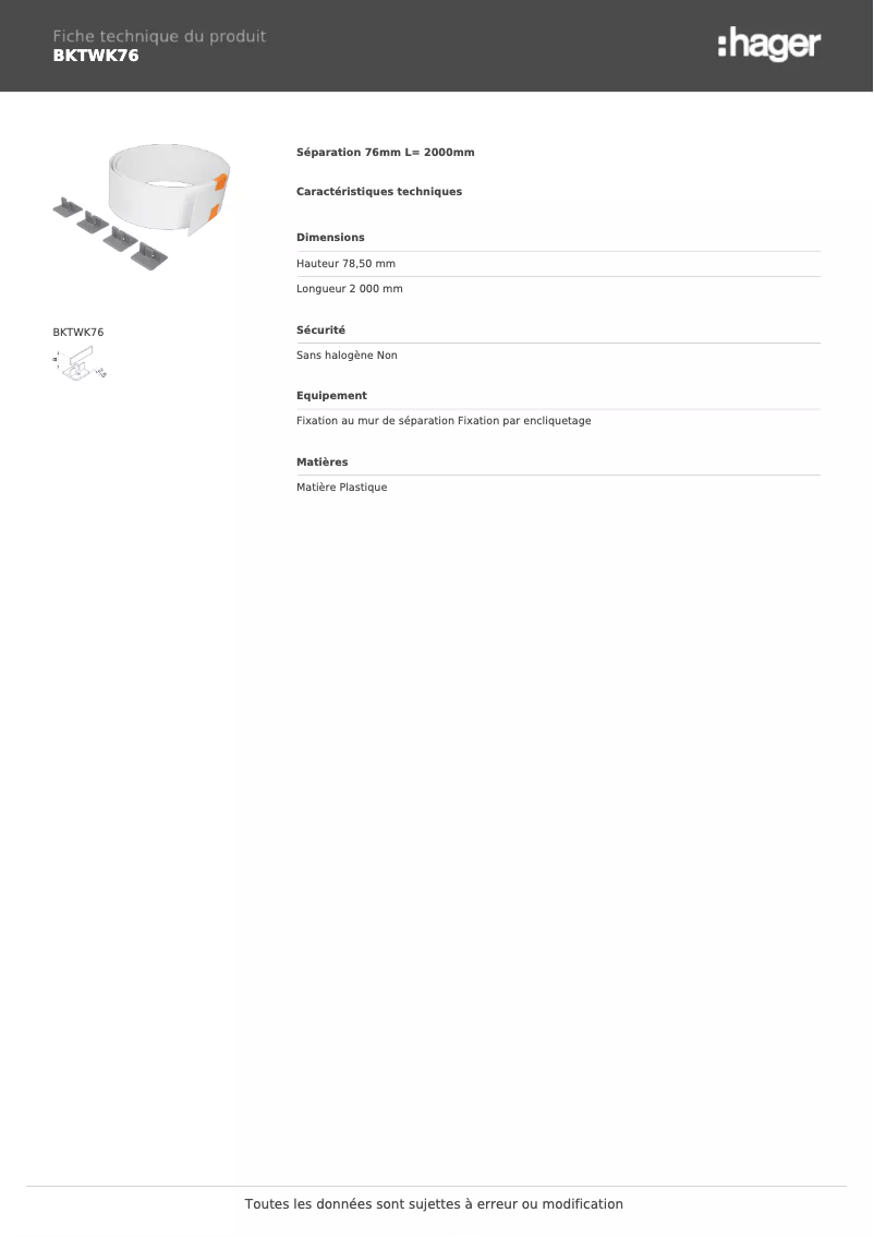 Page 1 de la notice Fiche technique Hager BKTWK76