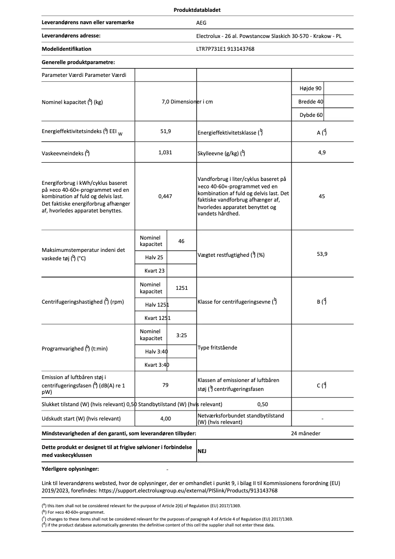 Page n°1 - Fiche technique AEG LTR7P731E1