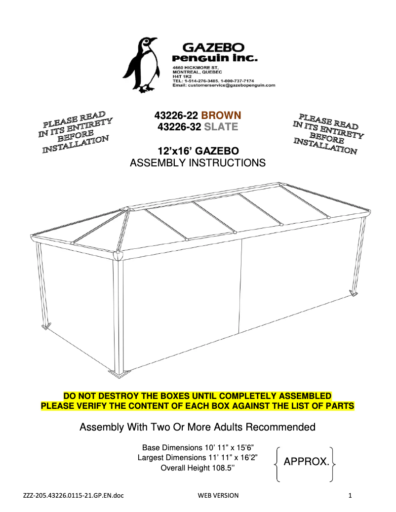 Page n°1 - Manuel utilisateur Gazebo Penguin 43226-32