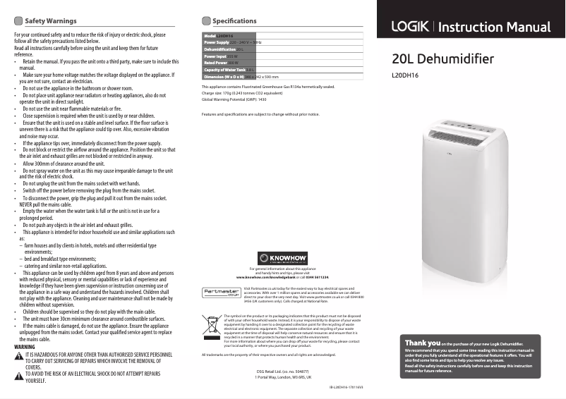 Page 1 de la notice Manuel utilisateur Logik L20DH16
