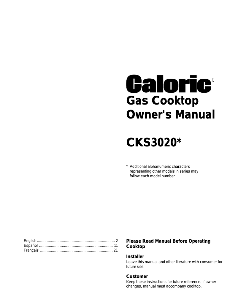 Page n°1 - Manuel utilisateur Caloric CKS3020LL