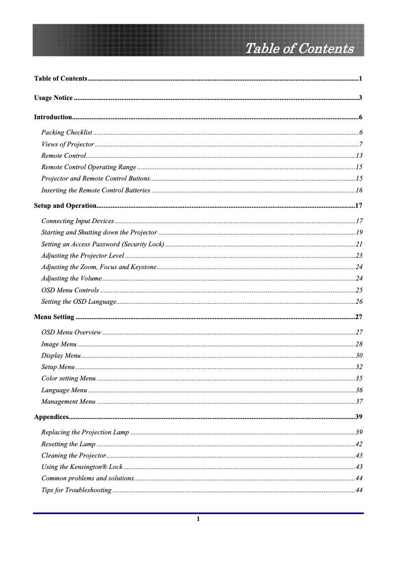 Page 1 de la notice Manuel utilisateur Optoma EP771