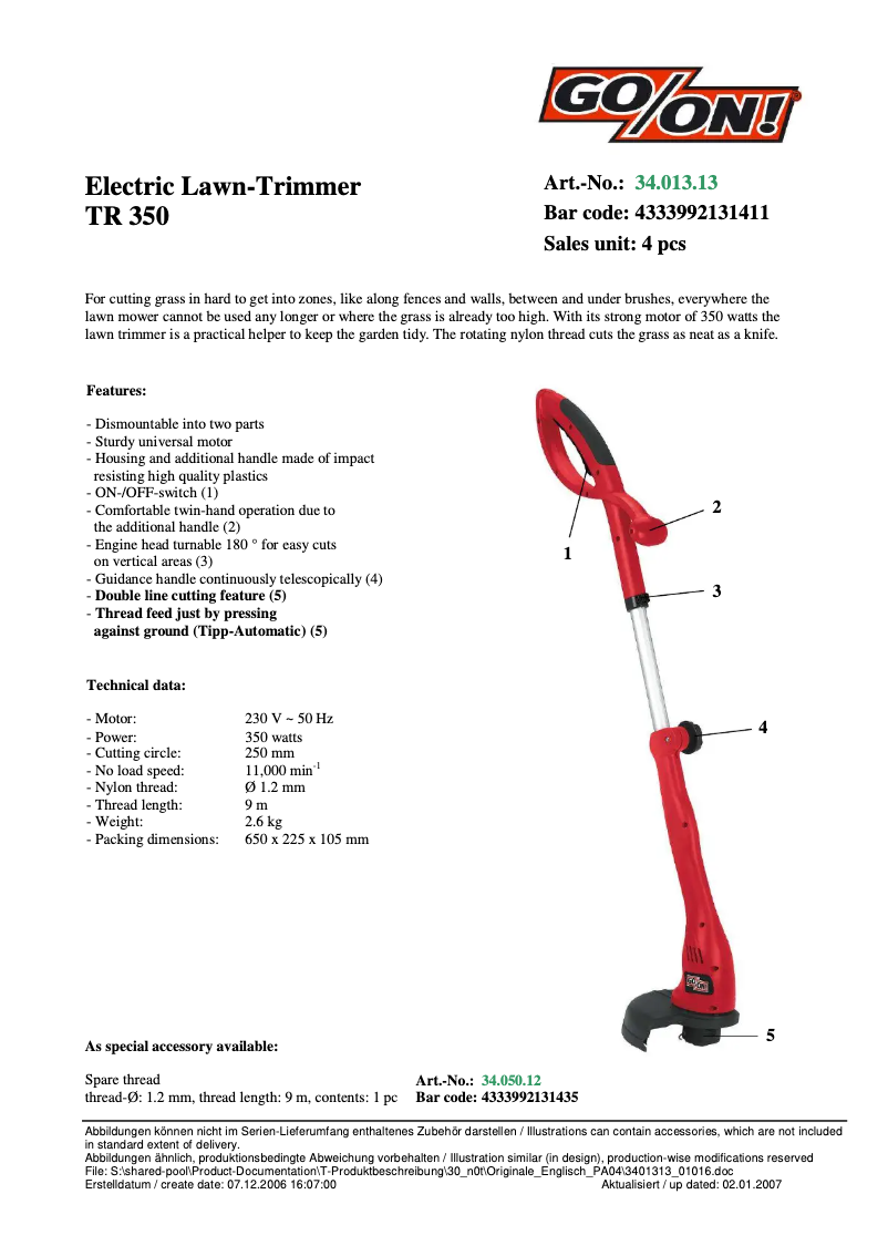 Page 1 de la notice Manuel utilisateur GO/ON TR 350