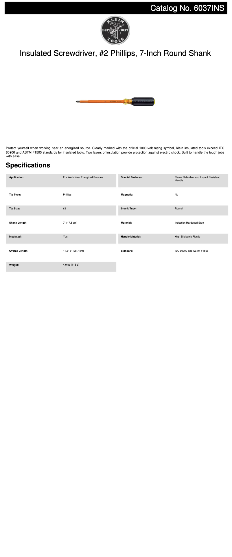 Page 1 de la notice Fiche technique Klein Tools 6037INS