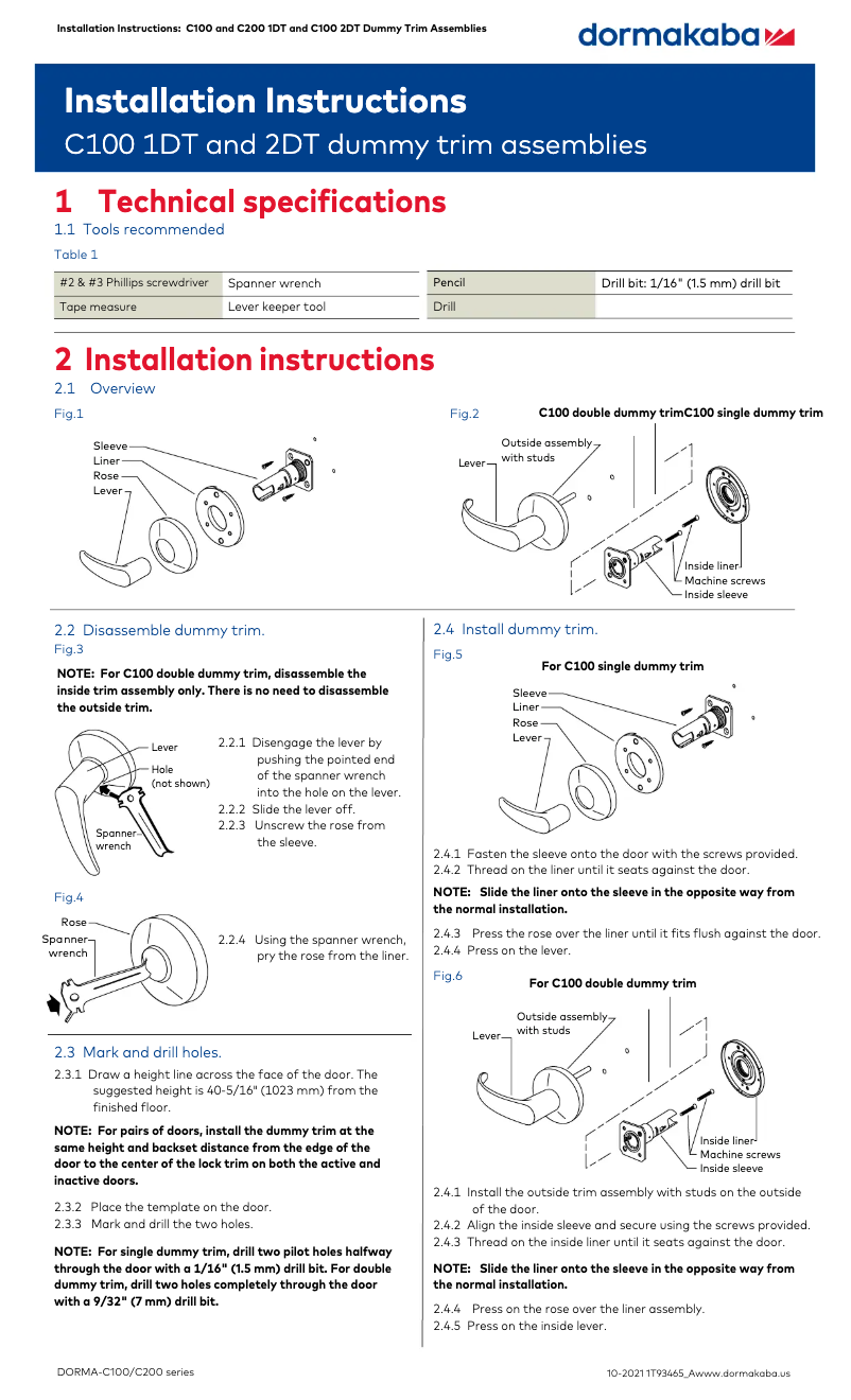 Page 1 de la notice Manuel utilisateur Dormakaba C100