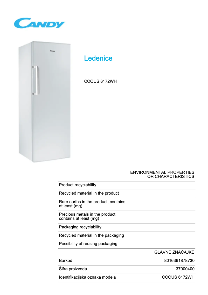 Page 1 de la notice Fiche technique Candy CCOUS 6172WH