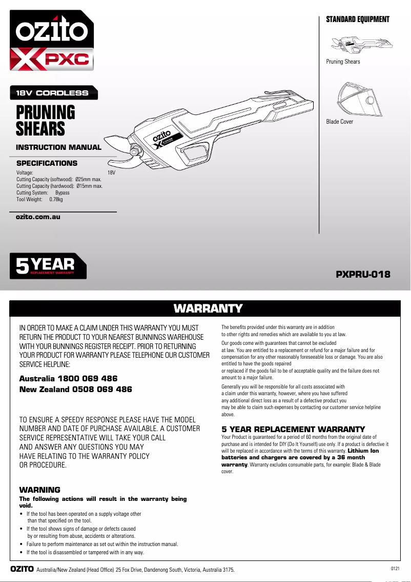 Page n°1 - Manuel utilisateur Ozito PXPRU-018