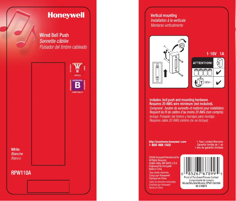 Page 1 de la notice Manuel utilisateur Honeywell RPW110A