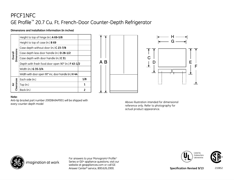 Page n°1 - Fiche technique GE Profile PFCF1NFCWW