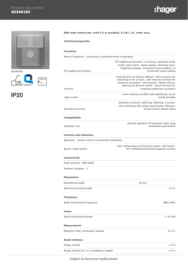 Page n°1 - Fiche technique Hager 85346183