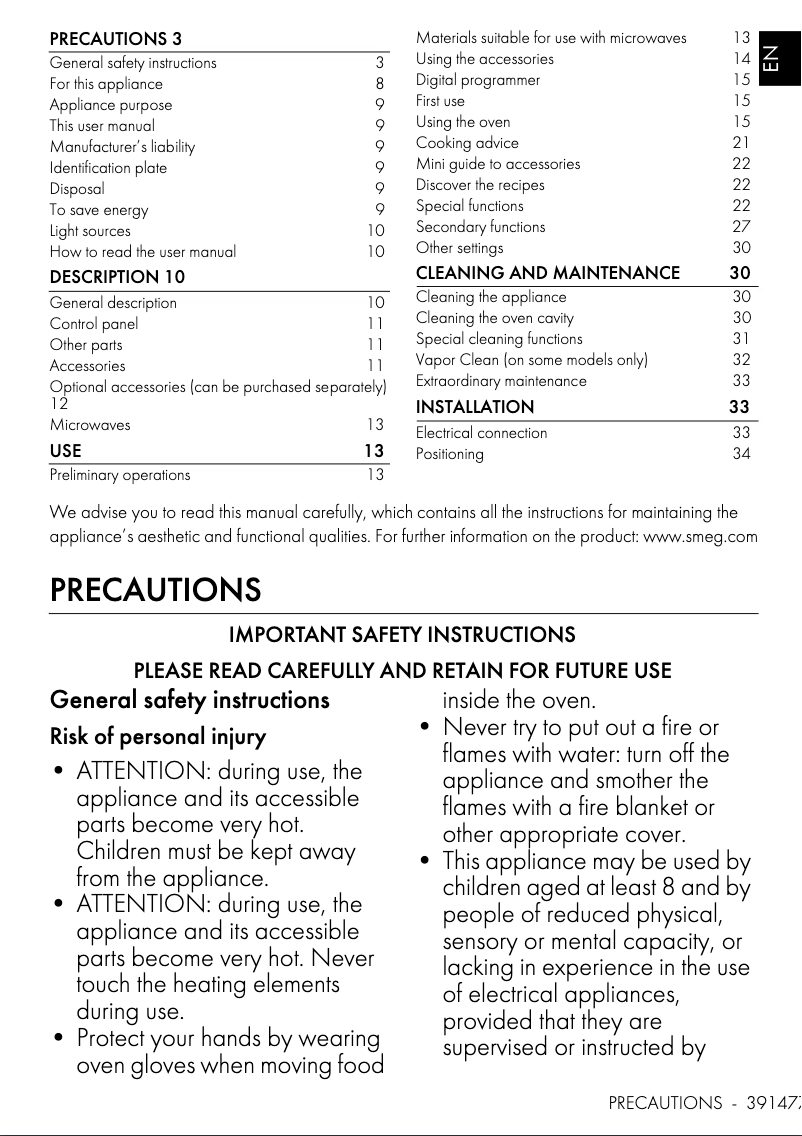 Page 1 de la notice Manuel utilisateur Smeg SOA4302M1N