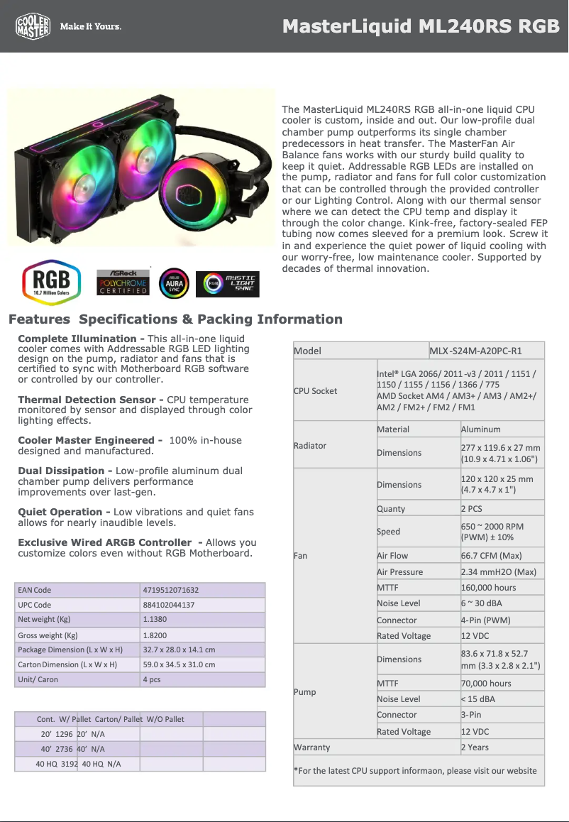 Page 1 de la notice Fiche technique Cooler Master MasterLiquid ML240RS RGB