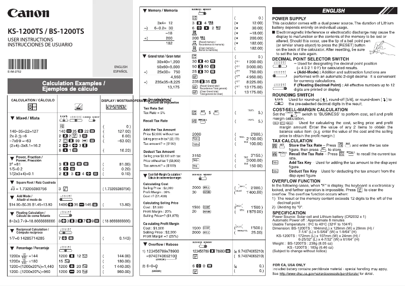Page 1 de la notice Manuel utilisateur Canon KS-1200TS