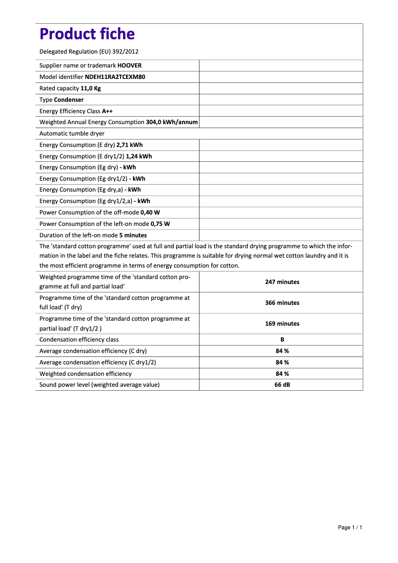 Page n°1 - Fiche technique Hoover Dynamic Next NDEH11RA2TCEXM80
