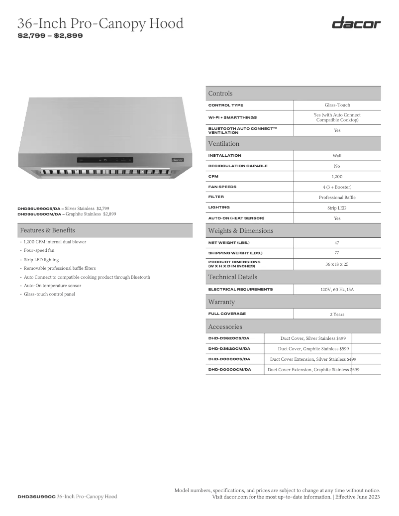 Page 1 de la notice Fiche technique Dacor DHD36U990CM/DA
