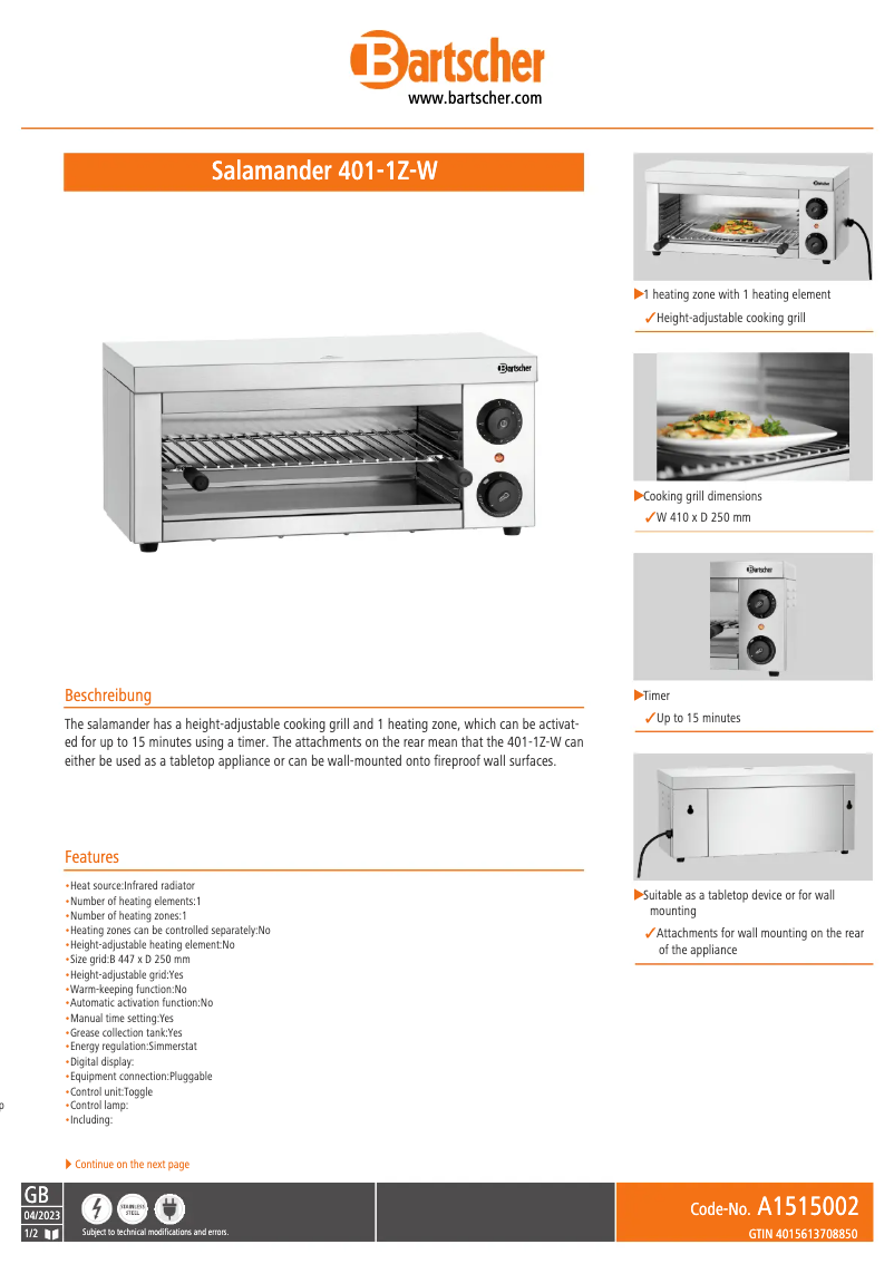 Page 1 de la notice Fiche technique Bartscher 401-1Z-W