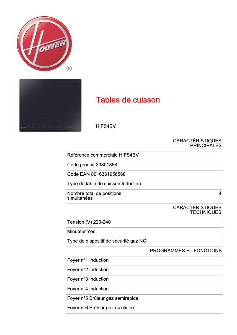 Page 1 de la notice Mode d'emploi Hoover HIFS4BV