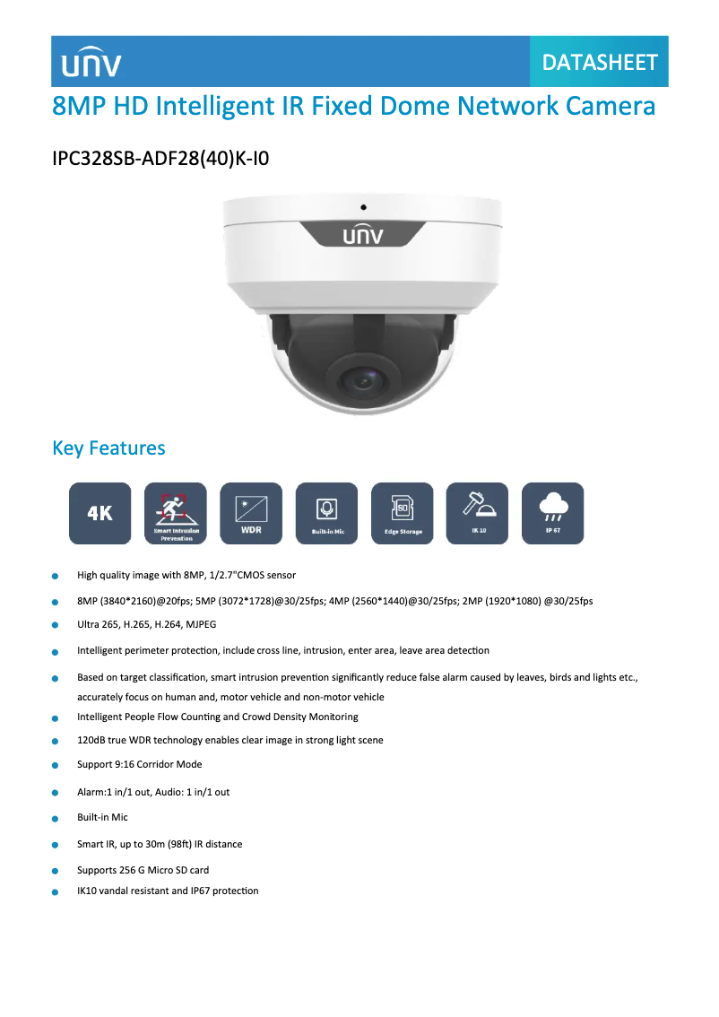 Page 1 de la notice Fiche technique UniView IPC328SB-ADF28(40)K-I0