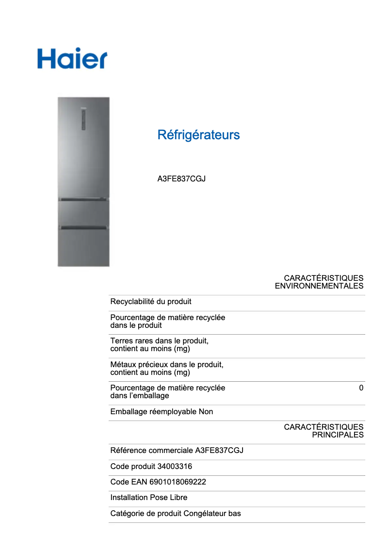 Page 1 de la notice Label énergétique Haier A3FE837CGJ