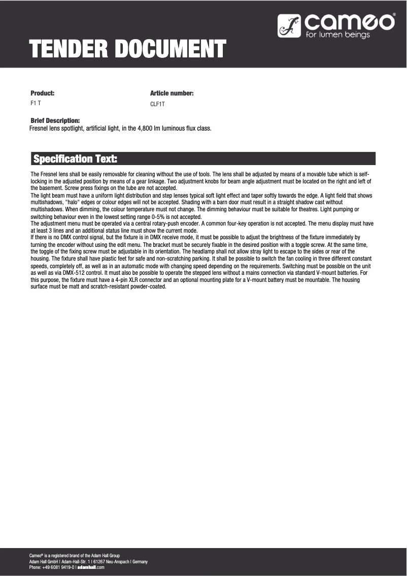 Page 1 de la notice Fiche technique Cameo F1 T