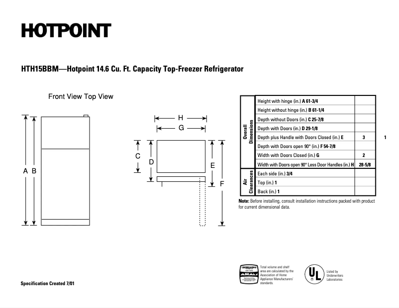 Page n°1 - Fiche technique Hotpoint HTH15BBMRAA