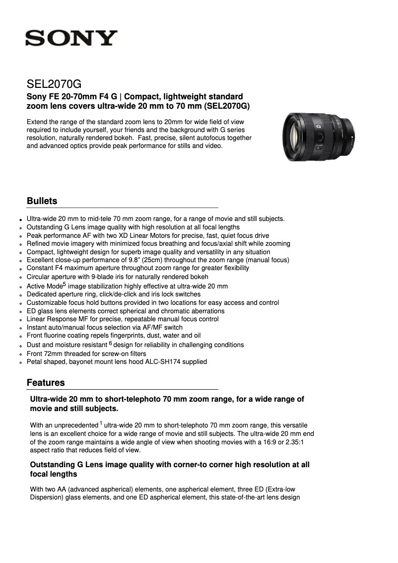 Page 1 de la notice Fiche technique Sony SEL2070G