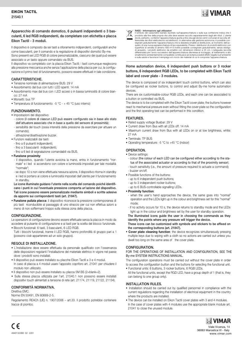 Page 1 de la notice Manuel utilisateur Vimar 21540.1