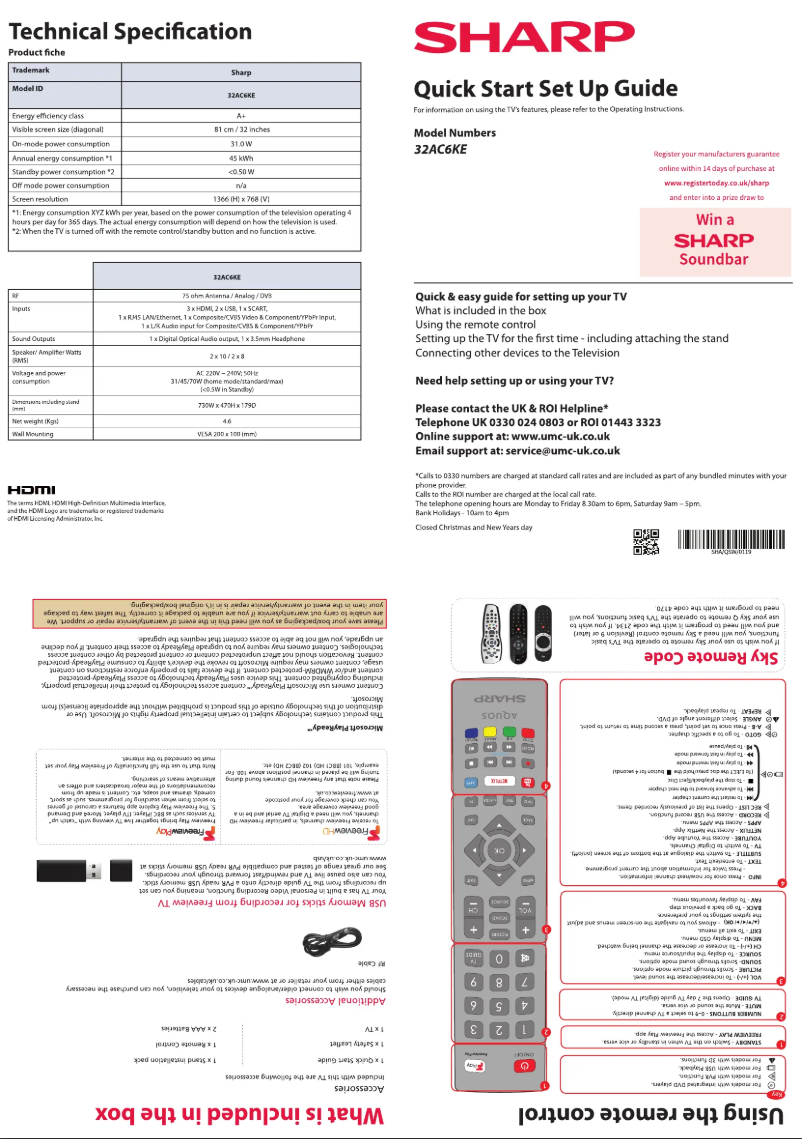 Page n°1 - Guide de démarrage rapide Sharp 32AC6KE
