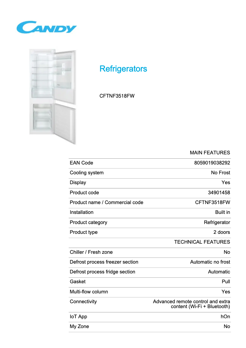 Page 1 de la notice Fiche technique Candy CFTNF3518FW