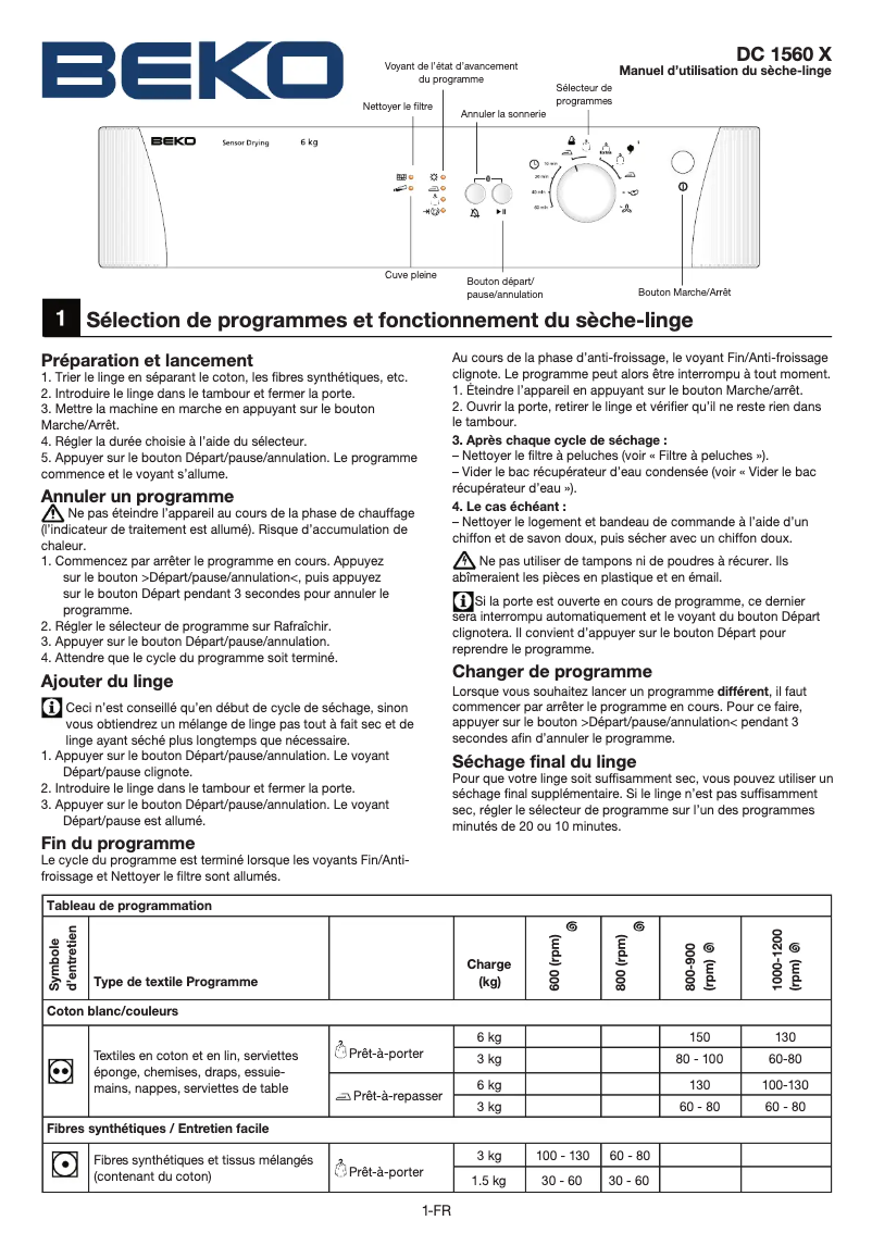 Page 1 de la notice Manuel utilisateur Beko DC 1560 X