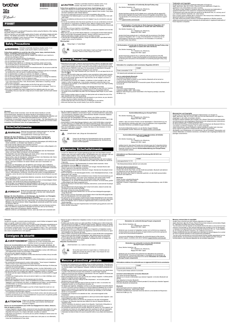 Page n°1 - Instructions de sécurité Brother P-Touch PT-P300BT