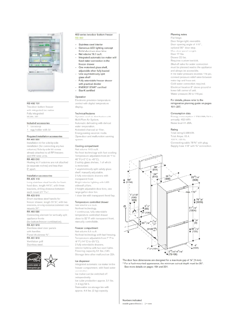 Page 1 de la notice Fiche technique Gaggenau RB492701