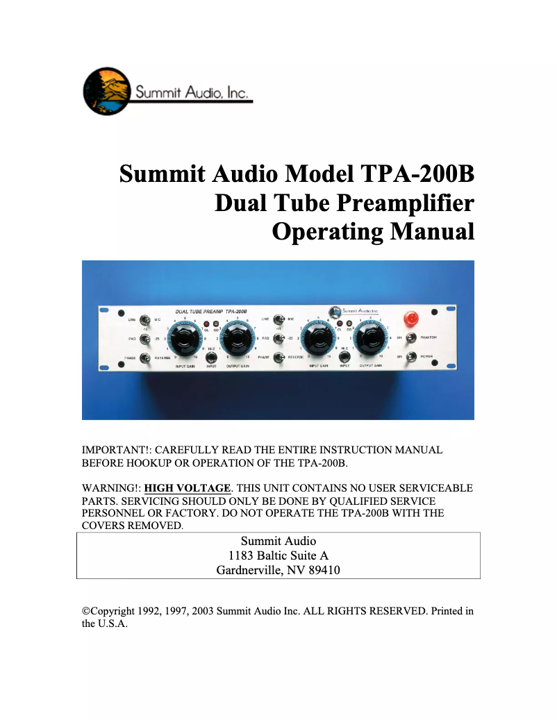 Page n°1 - Manuel utilisateur Summit Audio TPA-200B