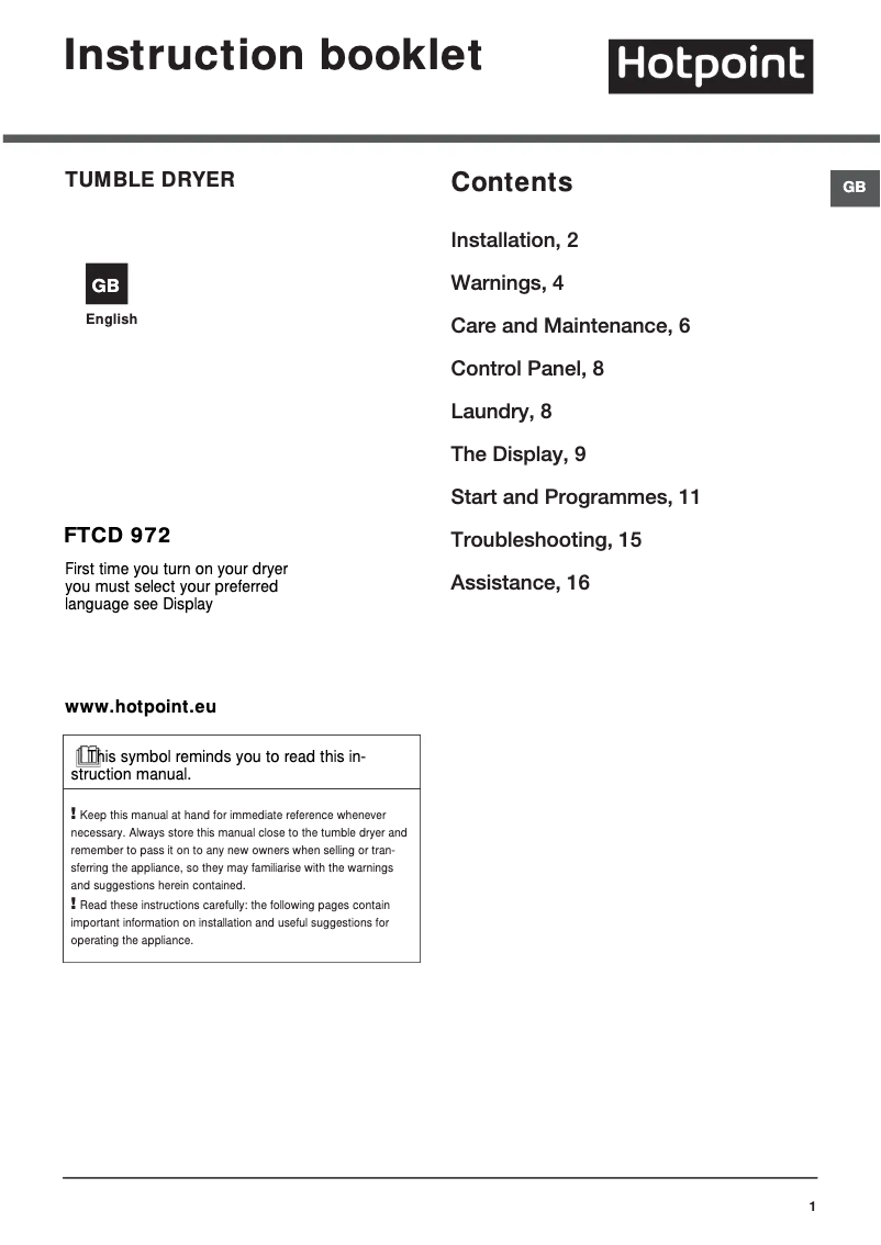 Image de la première page du manuel de l'appareil FTCD 972 6PM1 (UK)