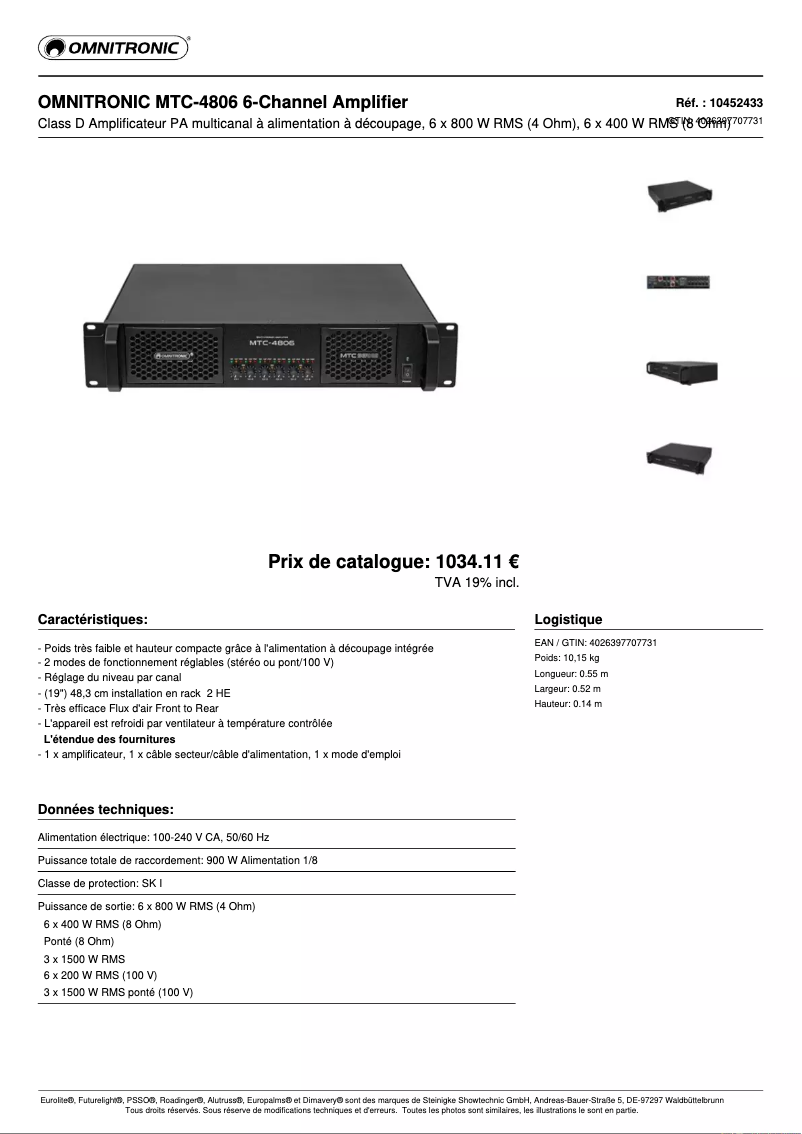 Page 1 de la notice Fiche technique Omnitronic MTC-4806