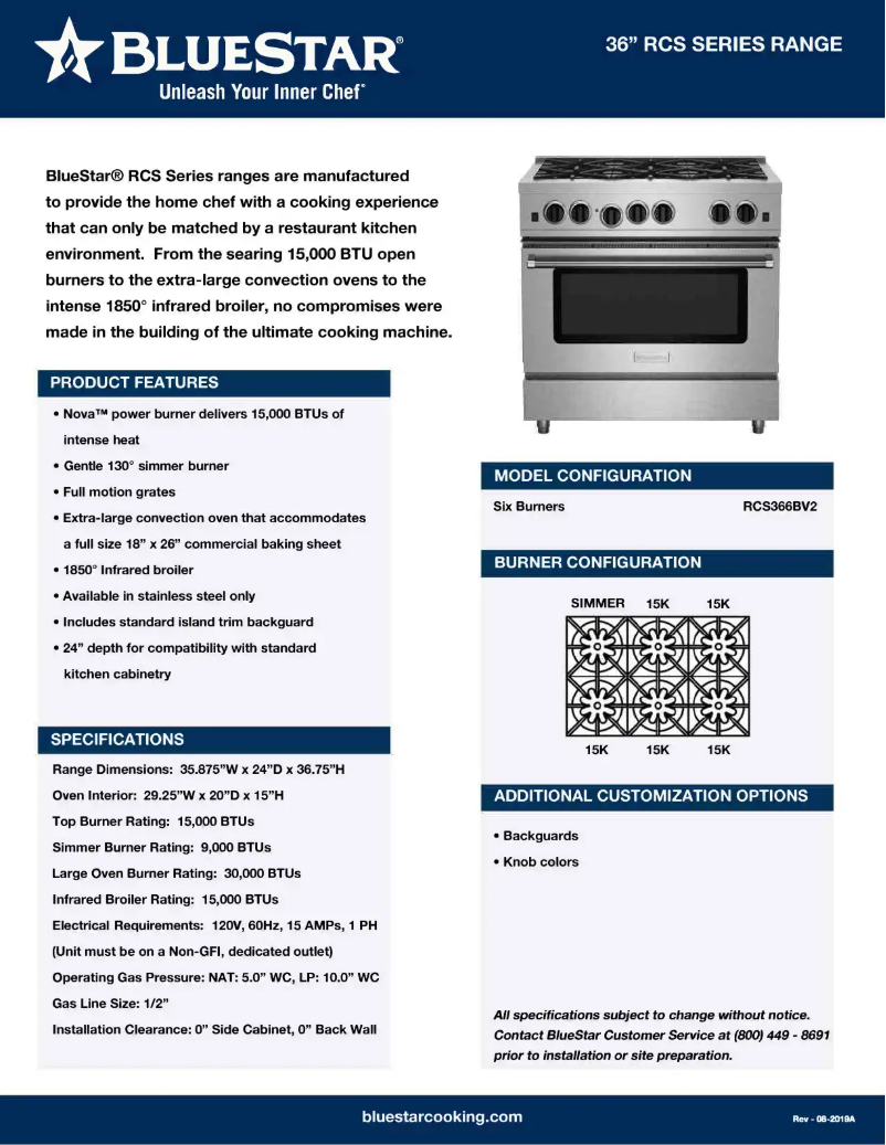 Page 1 de la notice Fiche technique BlueStar RCS366BV2