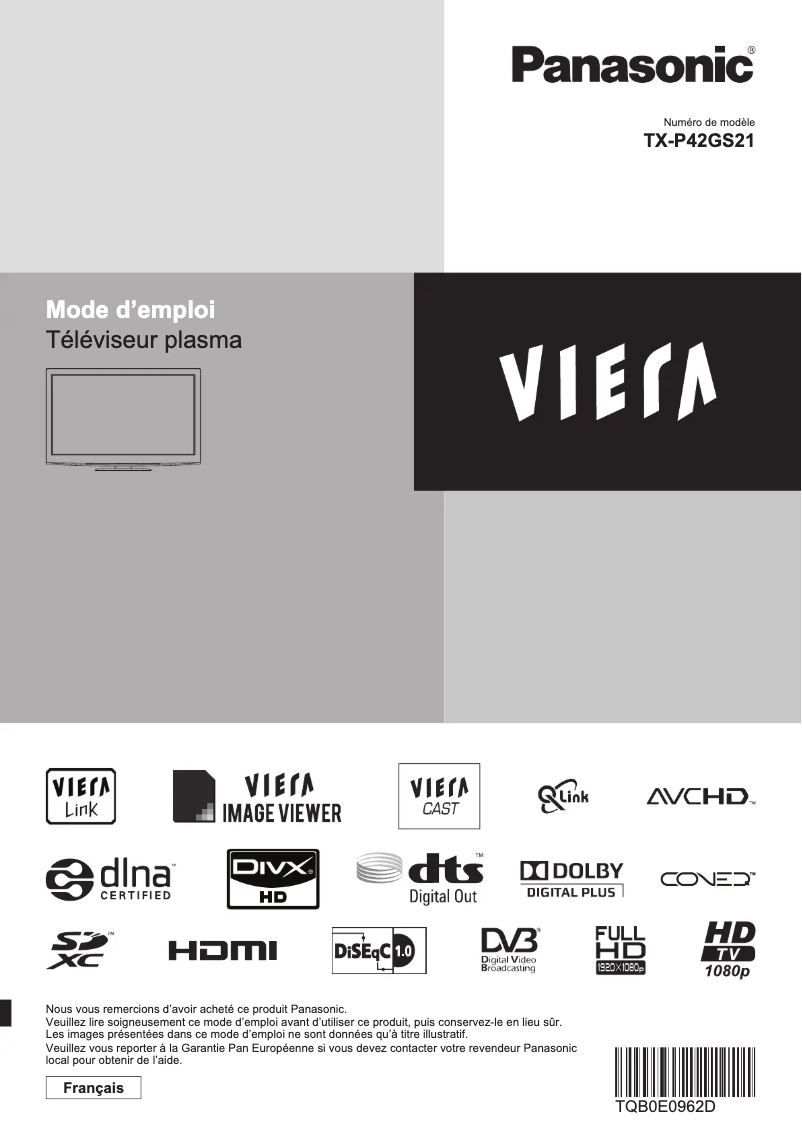 Page 1 de la notice Manuel utilisateur Panasonic Viera TX-P42GS21