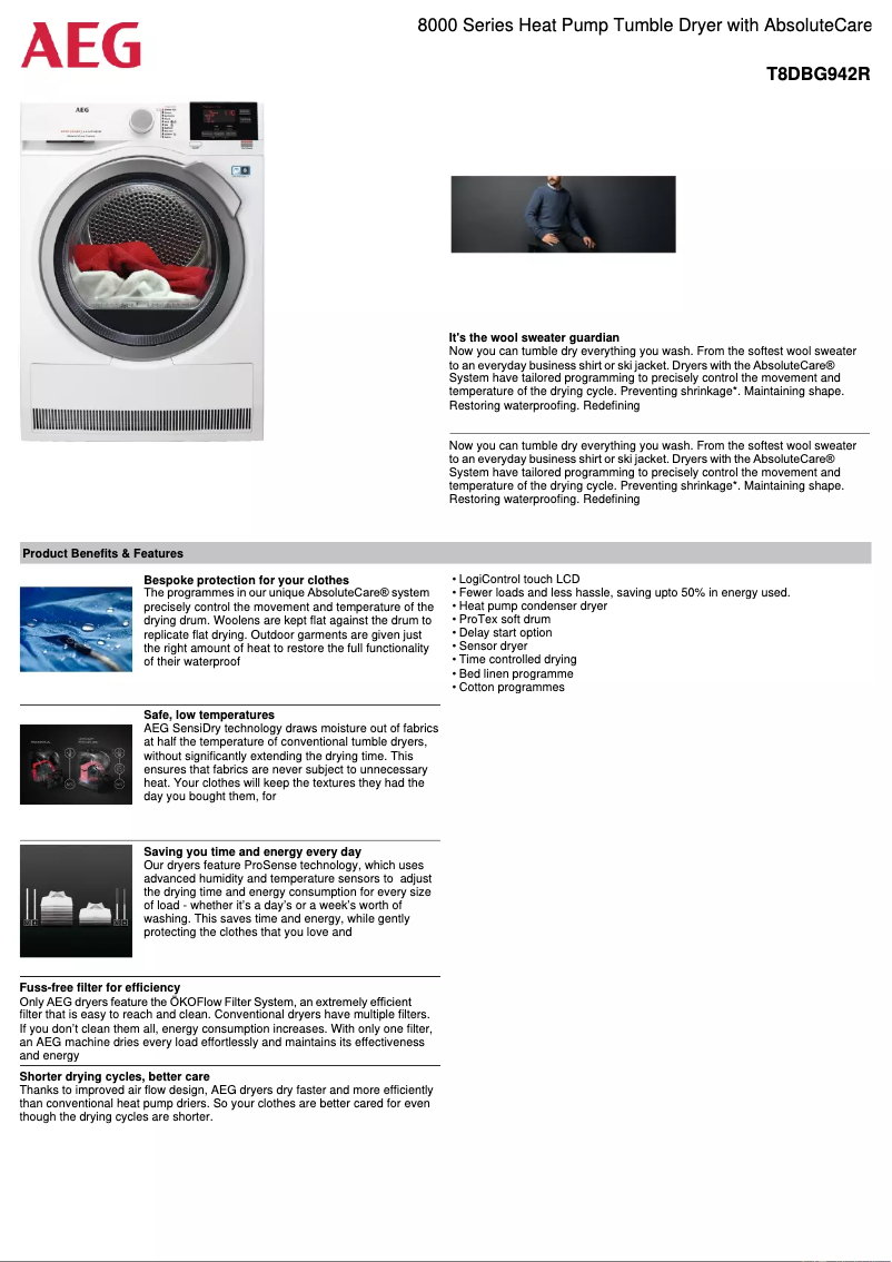 Page n°1 - Fiche technique AEG T8DBG942R
