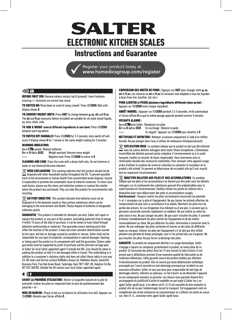 Page 1 de la notice Manuel utilisateur Salter 1008 GSBKXR