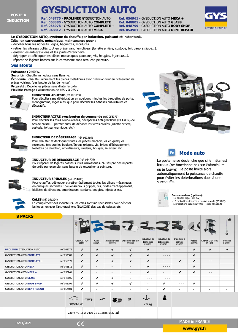 Page 1 de la notice Fiche technique GYS Gysduction Auto Mecha